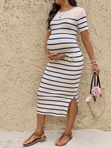 SHEIN Pregnant Women's Round Neck Short Sleeve Slit Striped Casual Summer Versatile Dress - Apricot - View 3