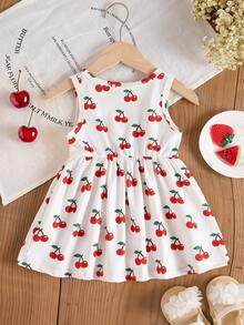 SHEIN Baby Girls' Cherry Print Round Neck Sleeveless Dress - White - View 2