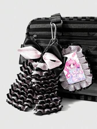 Kawaii 1 Nuovo Splendido e dolce stile Lolita francese di lusso leggero, creativo a mano, nastro a pois importato ad alta densità in nero e rosa, multistrato plissettato, copertura in acrilico bianco scorrevole, copertina per tessera universitaria, accessorio per portachiavi, adatto per lavoratori d'ufficio, studenti, ragazze per feste e uso quotidiano, regali per vacanze