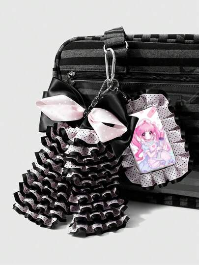 Kawaii 1 New Gorgeous Sweet Cool Light Luxury French Lolita Style Complex Handmade Creative Black And Pink Imported High-Density Polka Dot Ribbon Multi-Layer Pleated Lace White Acrylic Sliding Cover Card Cover, Campus Card, Star Piece, ID Card Card DIY Keychain Accessories Bag Pendant, Suitable For Office Workers, Students, Party Girls And Ladies Daily Wear, Holiday Gifts