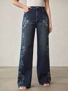 MOTF PREMIUM 印花直筒牛仔裤 - 藍色 - 查看 4