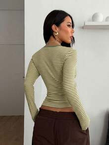 Coolane 女士秋季四季皆宜的Grunge风日常外出灰色和黑色条纹针织V领长袖T恤 - 綠色 - 查看 7