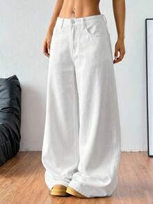 Coolane Women's Summer/Spring Casual Going Out Loose Fit Pockets Denim Wide Leg White Pants - White - View 4