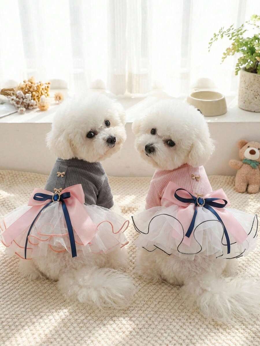 PETSIN 1件宠物服装,小型犬猫通用服装,宠物公主风连衣裙,蓬松网纱连衣裙带蝴蝶结装饰 - 彩色 - 查看 1