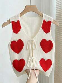 SHEIN Franclia 早春新款浪漫情人节可爱爱心图案休闲V领系带女士针织背心 - 彩色 - 查看 2