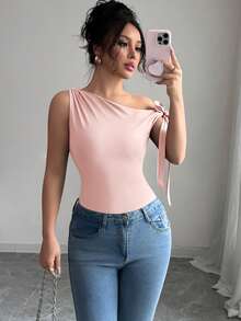 Elenzga Áo thun nữ màu trơn, cổ lệch, thắt nơ xoắn, dáng ôm thanh lịch. - Bụi hồng - Xem 3
