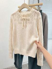 Écloséra 早春新款法式浪漫时尚百搭3D镂空花卉图案荷叶边领口宽松蝴蝶结荷叶边袖口女式长袖套头毛衣 - 米色 - 查看 2