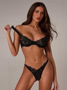 SHEIN BAE 女士蕾丝性感钢圈文胸和内裤套装，适合外出穿着，打造坏蛋造型 - 黑色 - 查看 7