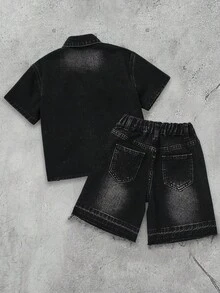 2pcs Young BoyCross Pattern Black Denim Shirt And Shorts Set - Black - View 3