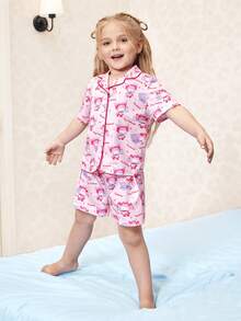HELLO KITTY AND FRIENDS | SHEIN 女童卡通图案短袖上衣和裤子睡衣套装 - 粉色 - 查看 5