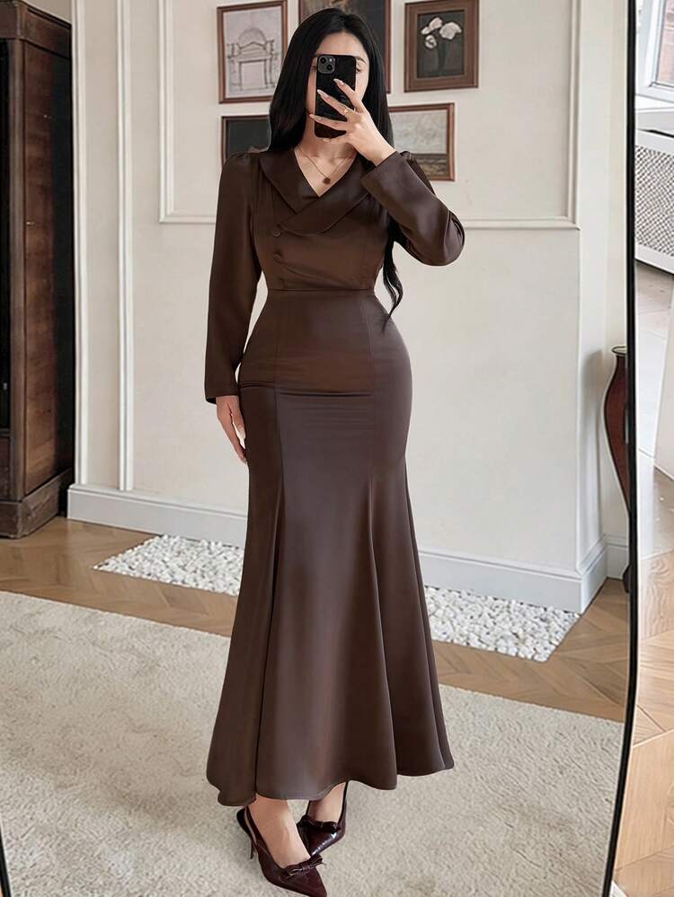 Brown Long Elegant Formal Dress, Suitable For Spring/Summer, Weddings, Parties, Formal Events, Commuting Dress Sundress