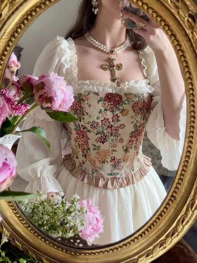 SHEIN MOD 女士时尚法式印花荷叶边抹胸上衣，情人节、生日、优雅、复古、外出上衣、春夏、嘉年华服装、生日、优雅、复古、印花上衣、度假女士、派对上衣、优雅女士上衣、提花上衣、下午茶会、舞会上衣