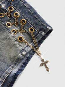 ROMWE Women's Y2K Sexy Bombshell Chain Decor Cross Low-Waist Mini Denim Shorts - Blue - View 2