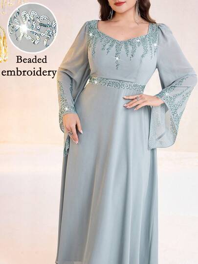 Modelyn Plus Size Women Sequin Patchwork Sweetheart Neck Flare Sleeve Elegant Dress