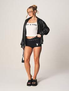 Missguided x Playboy Studded High Rise Fold Over Waist Mini Hot Pants With Bunny Logo Detail Booty Shorts - Black - View 3