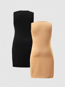 2件装少女无袖修身针织连衣裙，黑色/卡其色，弹力面料，适合日常、休闲、派对等场合 - 彩色 - 查看 2