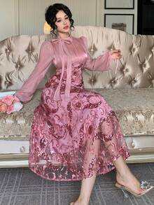 DAZY Đầm dài ngang gối thanh lịch dành cho nữ, phối sequin, cổ bèo nhún, tay phồng, thích hợp cho dự tiệc cưới mùa xuân/hè, đầm maxi hoặc đầm mùa hè. - Hồng - Xem 4