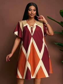 Slaydiva 宽松版型绿色A字斜纹度假休闲连衣裙，采用无弹力编织工艺和打结细节设计，适合大码女性，夏季连衣裙 - 棕色 - 查看 5