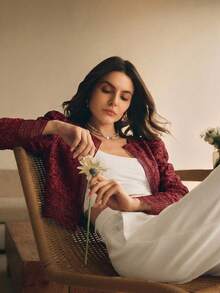 Anewsta Áo khoác tay lửng họa tiết hoa, kiểu dáng thường ngày, thích hợp cho kỳ nghỉ. - Màu Đỏ Sâu - Xem 5