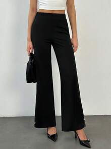 SHEIN Tall Ladies Elegant Mesh & Glitter Splice Black Slim Straight Leg Pants, Fit For Commuting, Casual And Daily Wear, Spring/Summer - Black - View 7