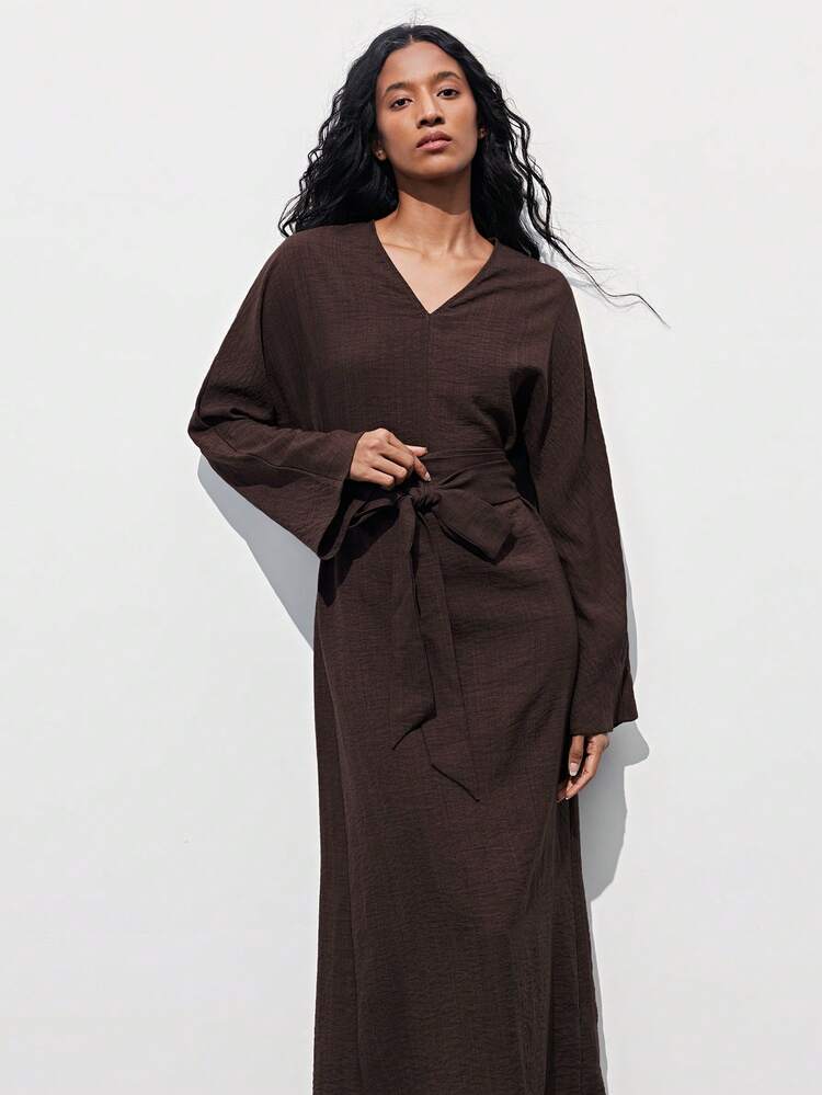 SHEIN Maija Abito lungo a maniche lunghe con scollo a V e cintura, tinta unita, da donna