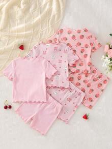 SHEIN LMoss Kids 6pcs Baby Girl Cute Strawberry Pattern Ruffle Trim Round Neck Short Sleeve Shorts Knit Soft & Breathable Summer Pajama Set - Multicolor - View 2
