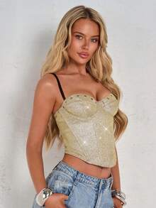 Glamine 性感亮面拼接文胸罩杯镂空钢圈鱼骨下摆弧形肩带女士背心 - 香檳色 - 查看 6