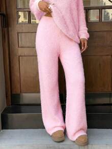 SHEIN EZwear 女士纯色高腰休闲阔腿针织裤，冬季 - 粉色 - 查看 4
