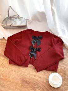 Comfortcana 大码圆领蝴蝶结撞色休闲开衫，秋冬款 - 紅色 - 查看 5