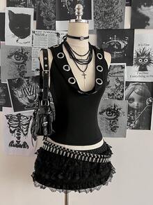 Attitoon 女士复古性感Y2K音乐节朋克露背连帽吊带上衣 - 黑色 - 查看 1