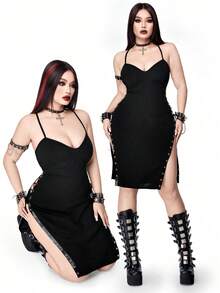 Whyspr Đầm gợi cảm cỡ lớn phong cách Punk tối màu với dây đeo mảnh. - màu đen - Xem 1