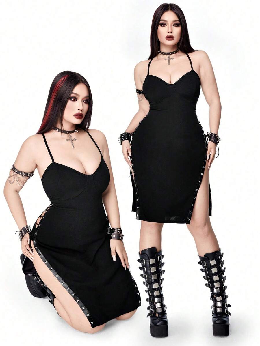 Whyspr Đầm gợi cảm cỡ lớn phong cách Punk tối màu với dây đeo mảnh. - màu đen - Xem 1