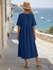 EMERY ROSE Vestido largo plisado de manga corta y cuello redondo de unicolor para mujer - Azul - Ver 2