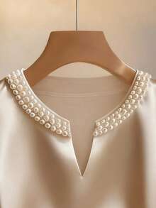 Franclia 女士香槟色优雅V领夏季上衣，春季珍珠装饰无袖上衣，女士休闲上衣，缎面面料，适合春假通勤和日常优雅穿着，春夏度假装，情人节。 - 黑色 - 查看 5