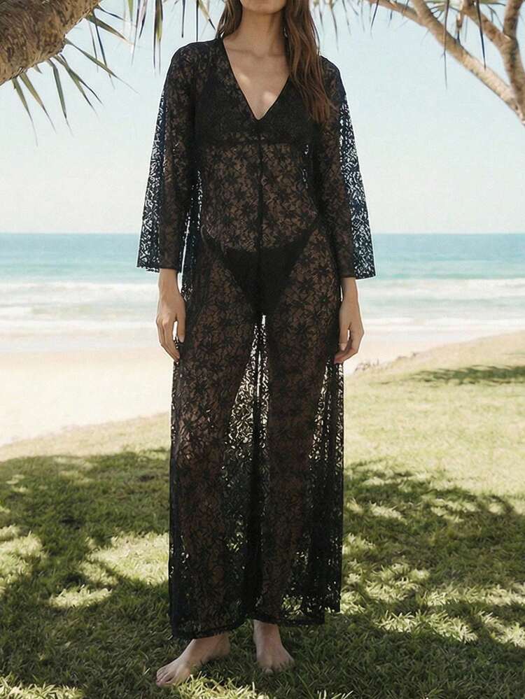 SHEIN Maija Women's Solid Color Halter Tie Sexy Bikini Swimsuit Set With Kimono Cover-Up, Summer Beach Vacation