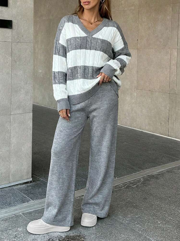 EURMUSE Women V-Neck Color Block Long Sleeve Sweater And Wide Leg Pants Casual 2 Pieces Set, Autumn/Winter - Light Grey - View 1