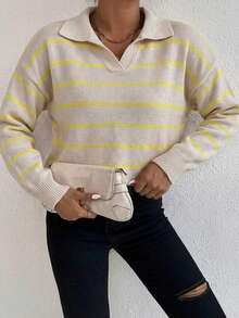EURMUSE Women's Casual Patchwork Color Long Sleeve Sweater, Versatile For Daily Wear, Autumn/Winter - Yellow - View 5
