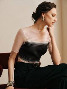 Revavyn Revavyn Blusa de punto casual de mujer con cuello redondo y manga corta, con diseño de patchwork, versátil para uso diario, Día de San Valentín, vacaciones y verano sexy - Negro - Ver 8