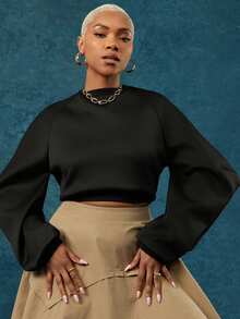 Vixey Solid Black Crew Neck Structured Long Sleeve Sweatshirt - Black - View 1