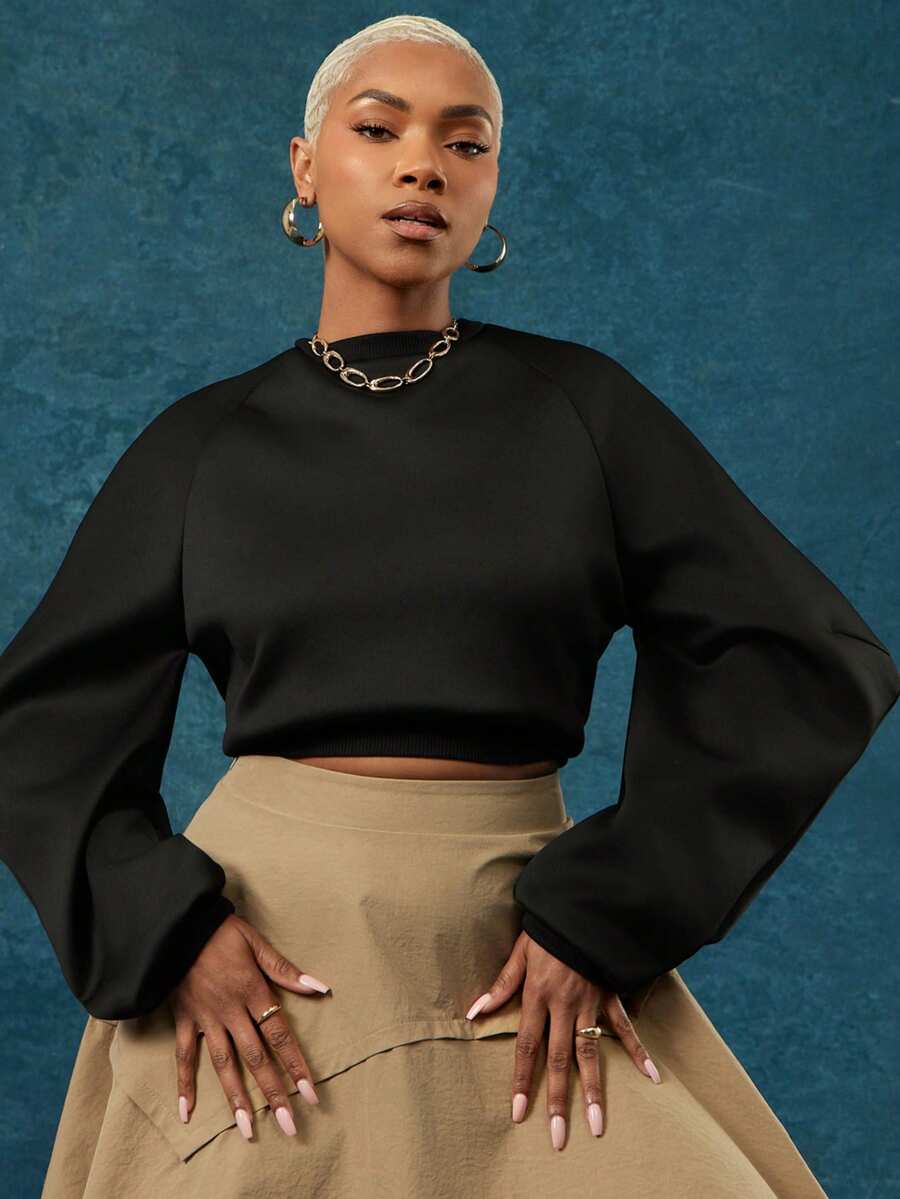 Vixey Solid Black Crew Neck Structured Long Sleeve Sweatshirt - Black - View 1