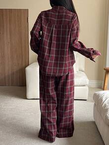 DAZY Women's Plaid Pajama Set, Loose Fit, Suitable For Autumn/Winter And Christmas - Burgundy - View 2
