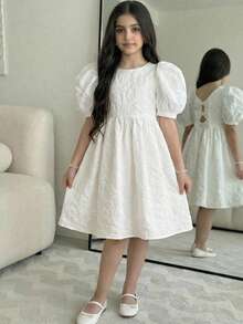 SHEIN Vestido corto de manga abullonada con lazo decorativo y espalda descubierta, informal y de vacaciones, para niñas preadolescentes, color blanco, primavera/verano - Blanco - Ver 4