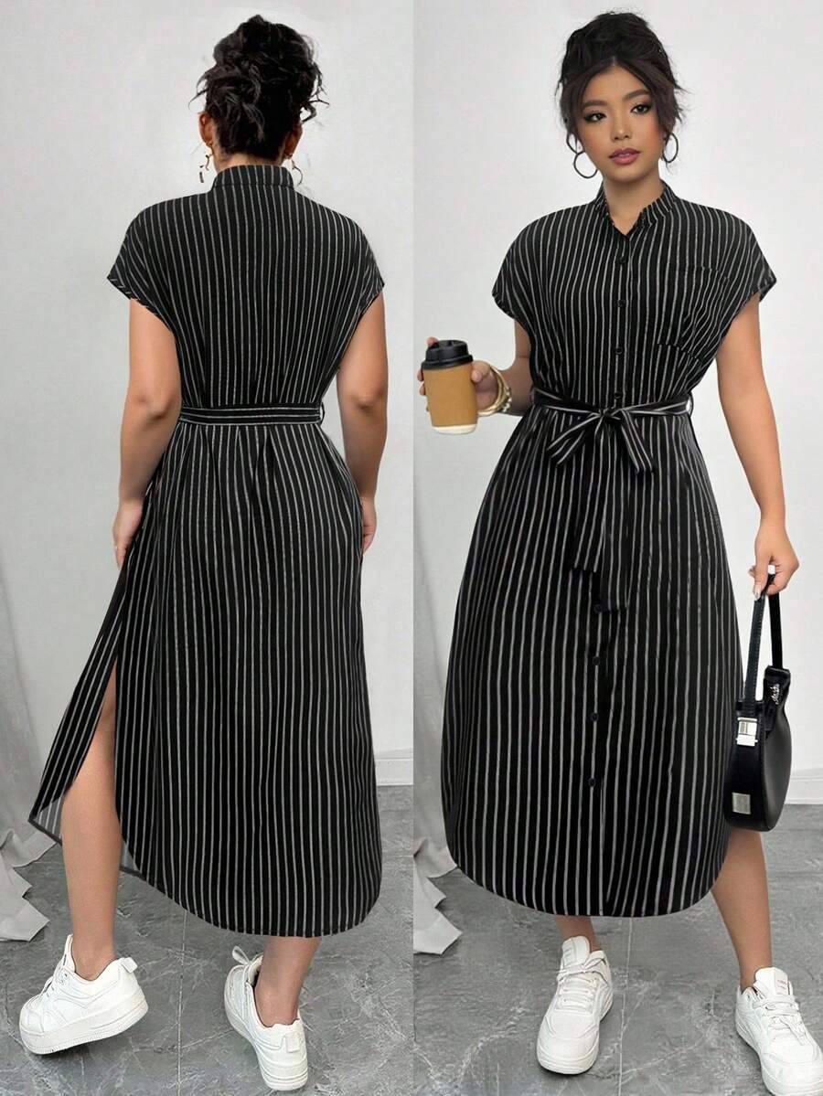 Elenzga 大码女士优雅黑白条纹梭织连衣裙，立领设计，全纽扣装饰，腰间系带蝴蝶结，插肩短袖，侧开衩，侧袋，百搭款式，新款大码时尚单品，适合度假、音乐会、休闲外出、派对、约会、情人节等场合，春夏新款，短袖中长连衣裙 - 彩色 - 查看 1