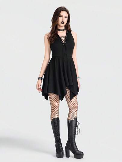 Breakform Vestido mini ajustado con escote en V profundo, ojetes metálicos y cordones de mujer gótica y sexy con bajo asimétrico