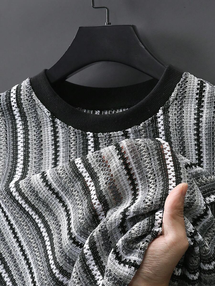 Manfinity Homme 男士休闲日常条纹圆领背心，夏季 - 淺灰色 - 查看 1