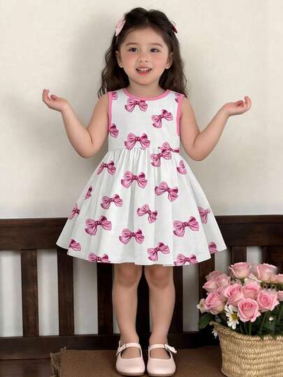 Baby Girl Sweet Bow Cartoon Print Fashionable Cap Sleeve Dress, Suitable For Spring & Summer, Sweet And Cute Dress Tops, Cute Tops, Suitable For Parties, Picnics