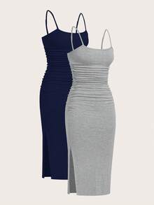 SHEIN EZwear 2件套女士夏季针织修身吊带连衣裙 - 藏蓝色 - 查看 3