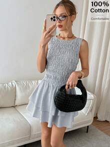 Siren Gaze Đầm ngắn không tay cổ tròn xếp nếp kẻ sọc dành cho nữ - Xanh và trắng - Xem 1