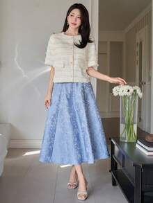 DAZY Women's Elegant Textured Round Neck Faux Pocket Blazer Jacket, Spring/Summer - Beige - View 6