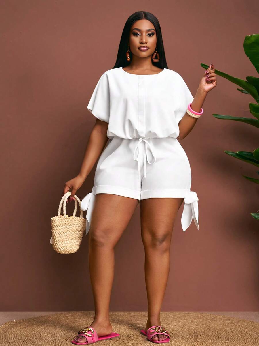 Slaydiva Summer White Silky Smart Casual Holiday 2pcs Set,Plus Size Backless Waist Crop Top And Shorts,Boho Beach Music Festival Streetwear Chic Outfits